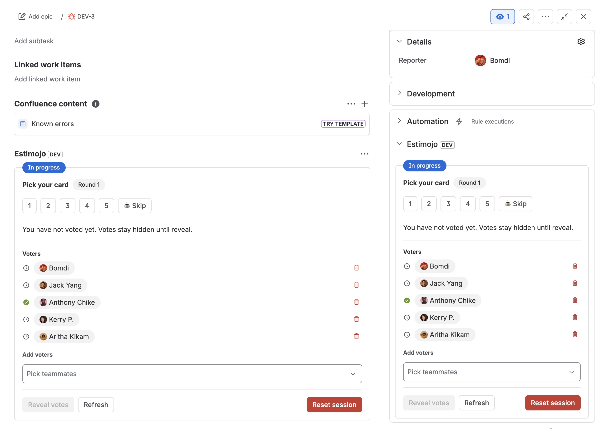 A Jira ticket with the Estimojo panel in the main panel and in the right sidebar