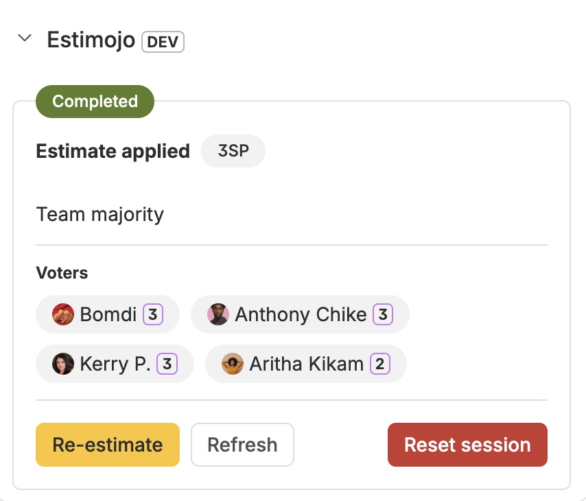 A finished session with the estimate applied to story points