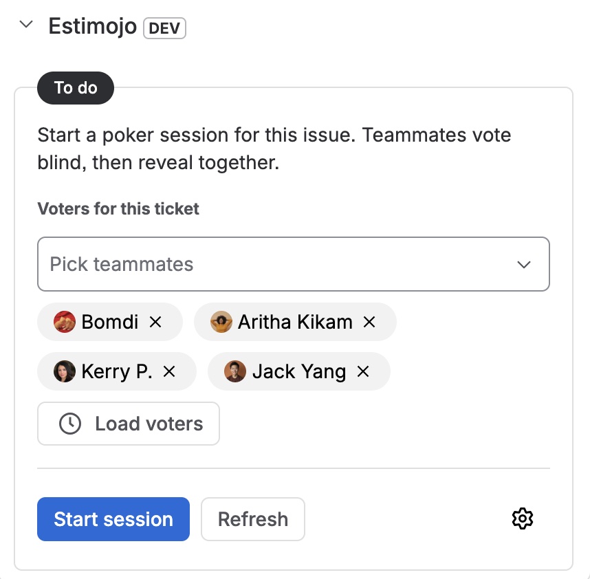The Estimojo panel on a Jira ticket before a session starts