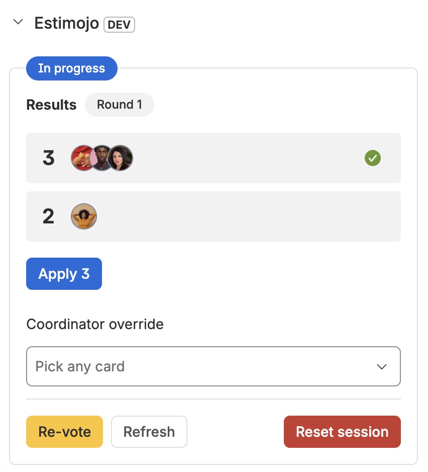A revealed round showing all votes and the pre-selected majority