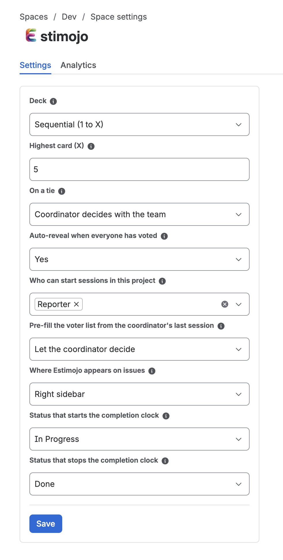 The Estimojo project settings page