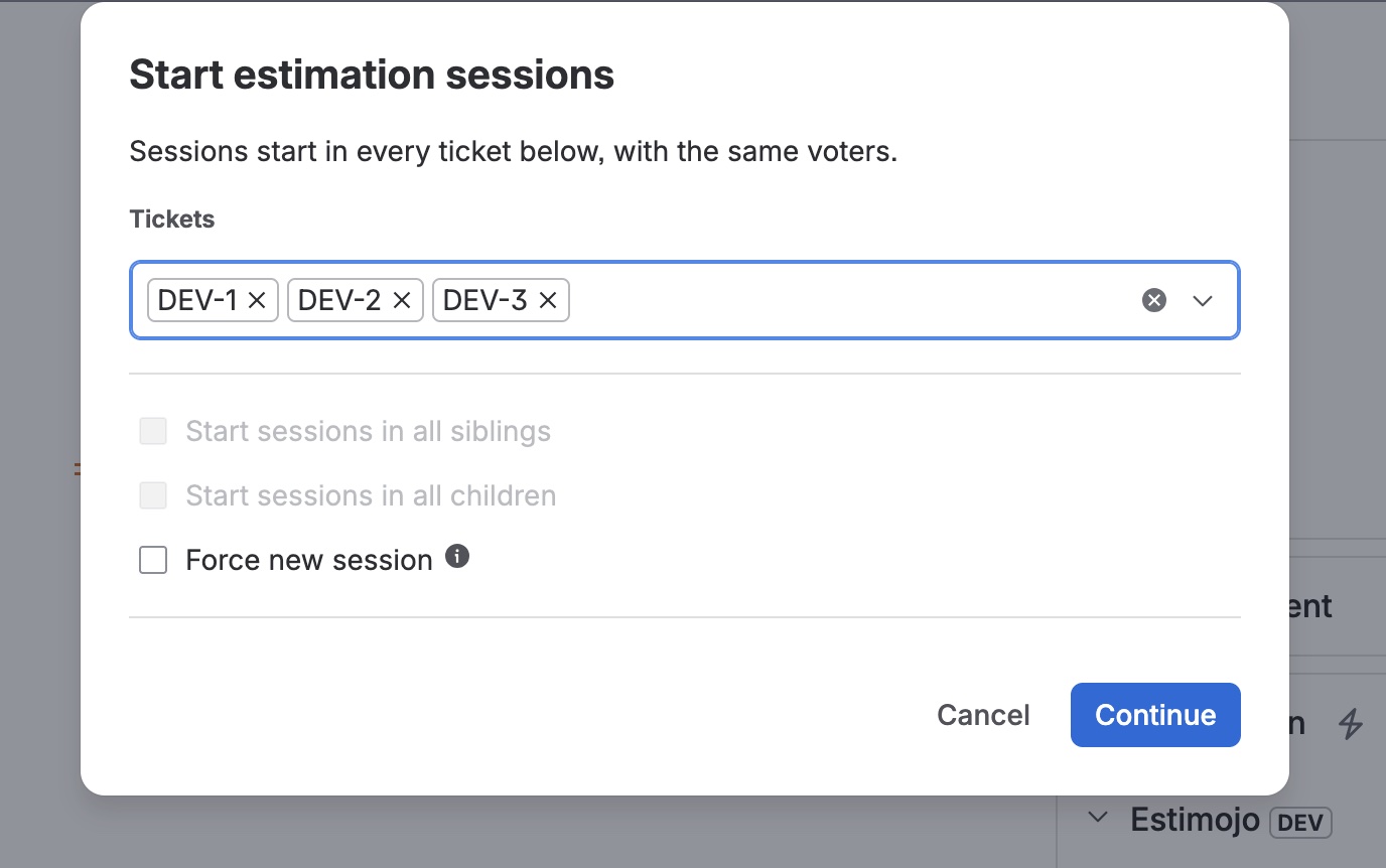 The start dialog with several tickets selected and a force option