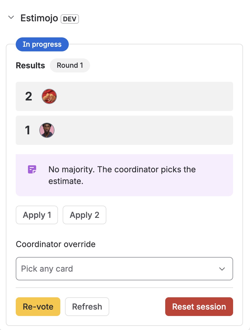 A tied round with no majority, where the coordinator picks between the tied values